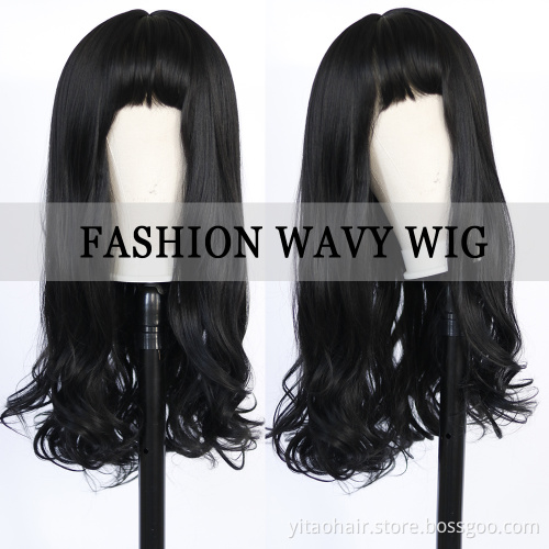 Dark black Wigs with Bangs Long Wavy Wigs for Women Synthetic Brunette Wig with Bangs Heat Resistant Natural Wavy for Daily